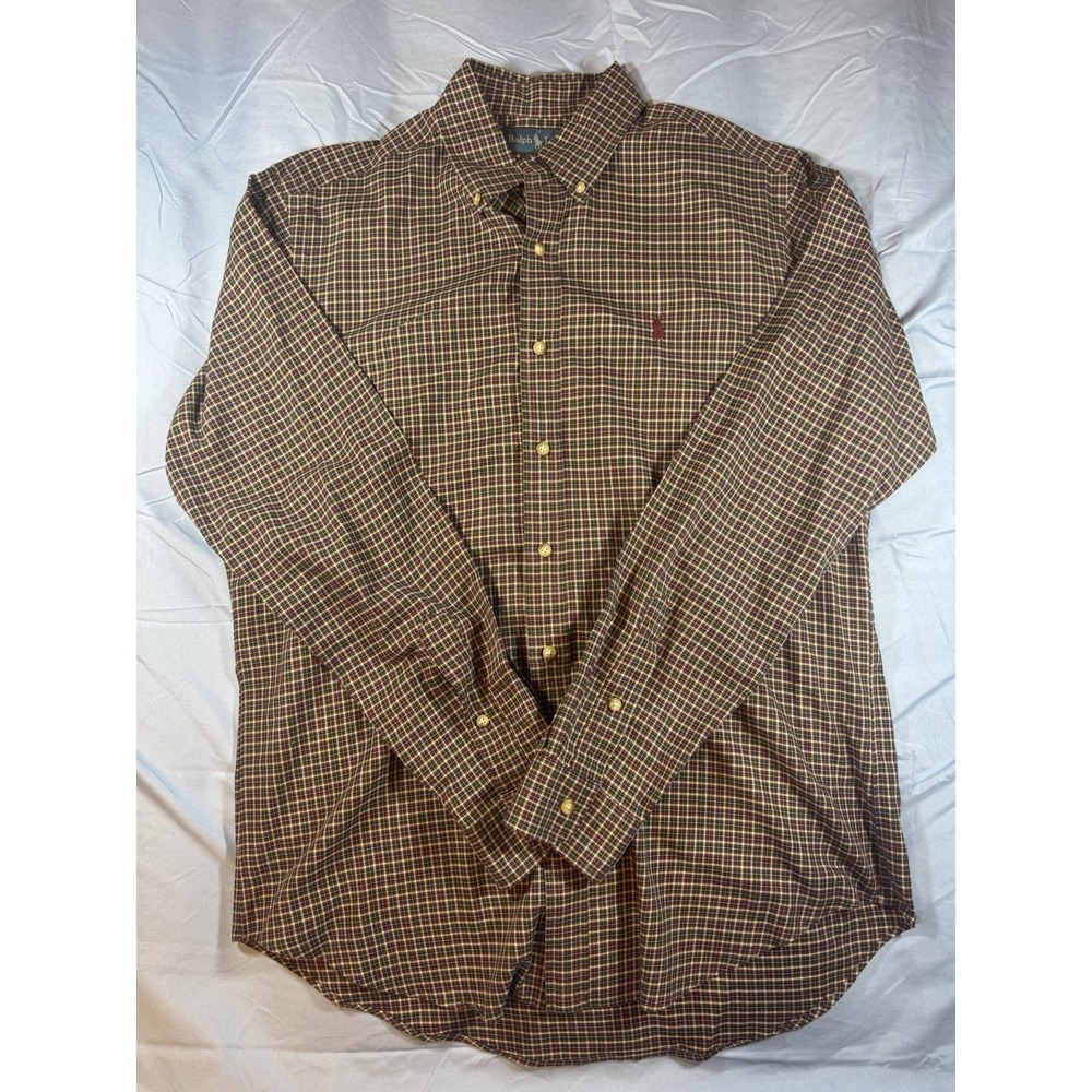 Ralph Lauren Men's Brown & Red Plaid Classic Fit LS Button Up Shirt Size Medium